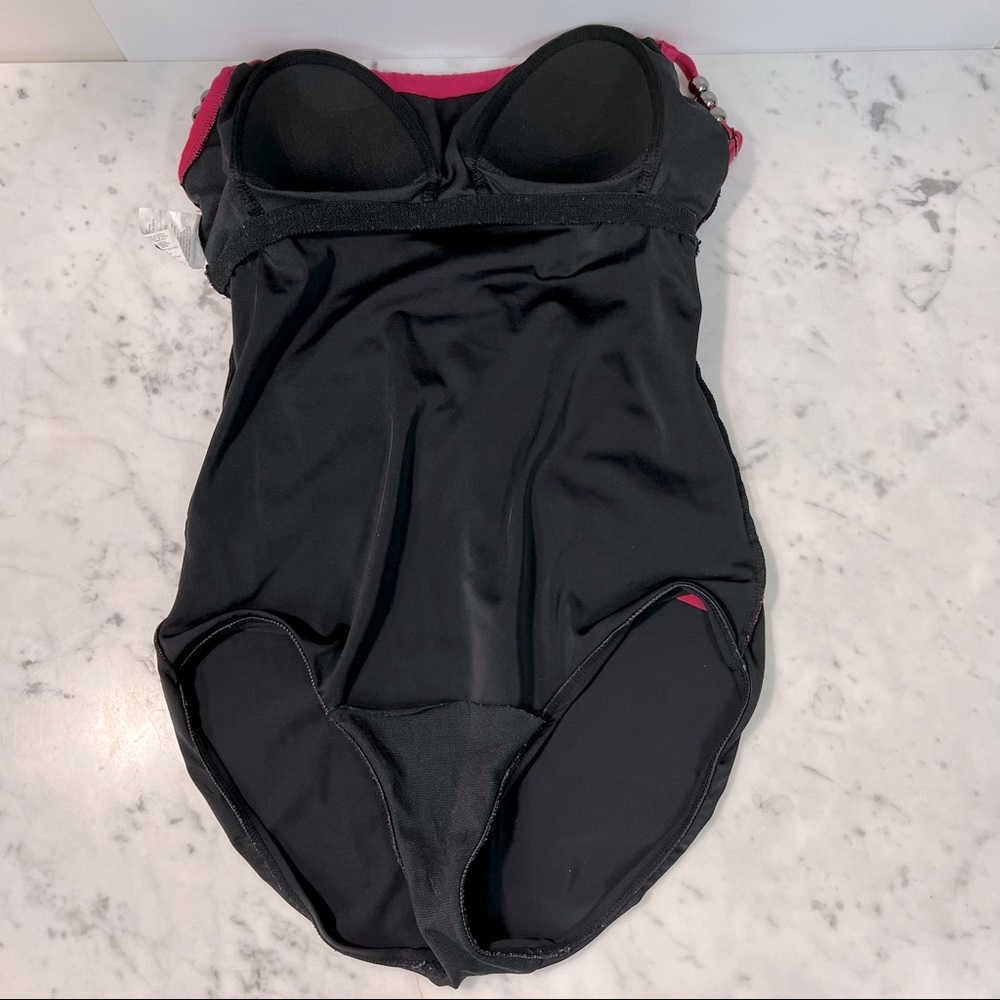 AQU GREEN Swimsuit Fuchsia Black Ruched Wrap Draped Overlay One Piece Sz… - Picture 8 of 9